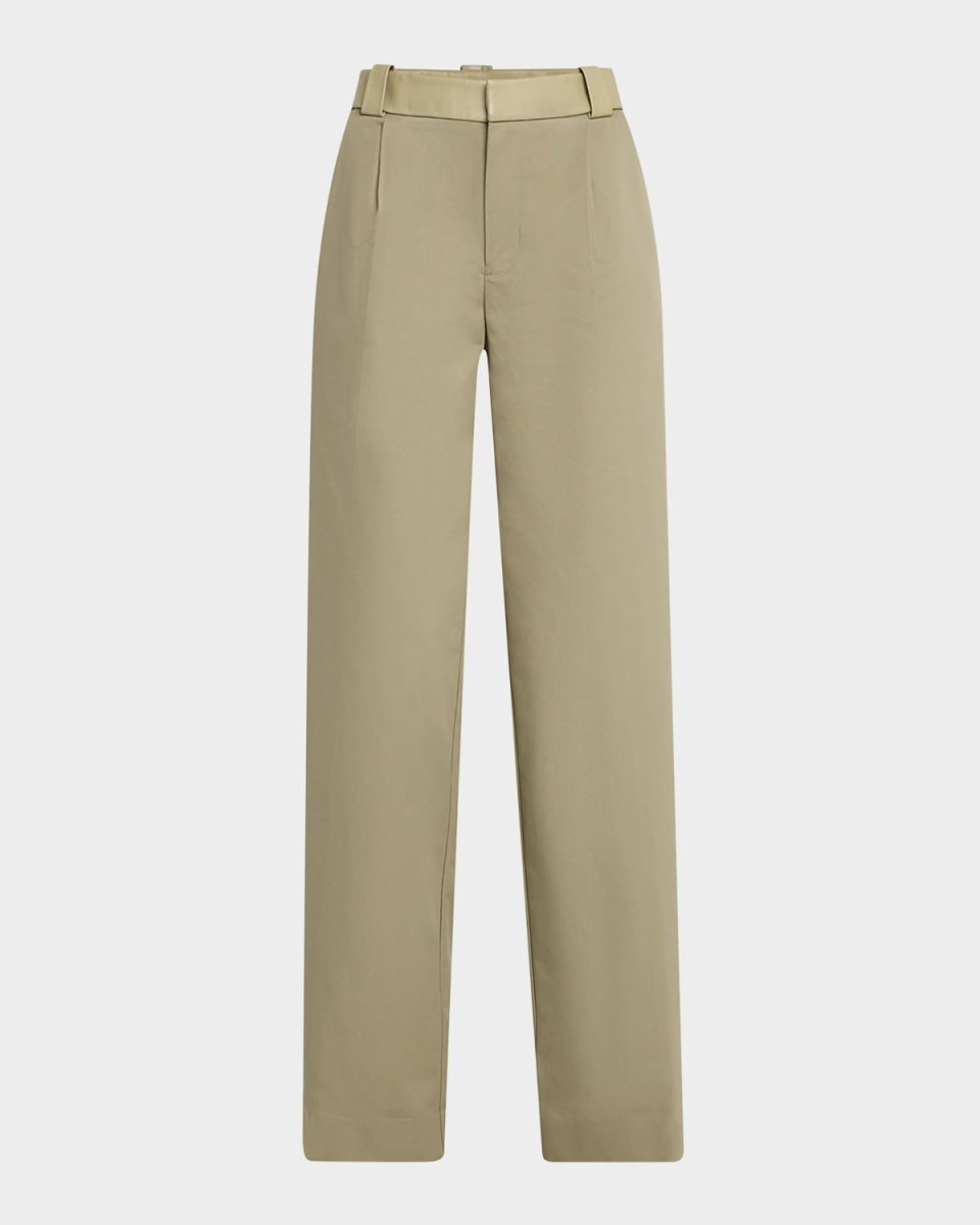 Leather-Waist Pleated Cotton Straight-Leg Trousers
